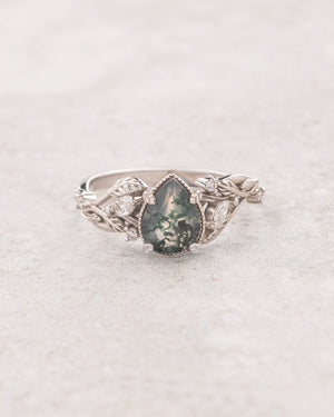 Elvish engagement ring with moss agate and diamonds, gold leaf branch proposal ring / Patricia