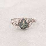 One of a kind moss agate engagement ring set, white gold twig stacking rings with diamonds / Patricia