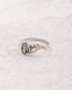 Elvish engagement ring with moss agate and diamonds, gold leaf branch proposal ring / Patricia