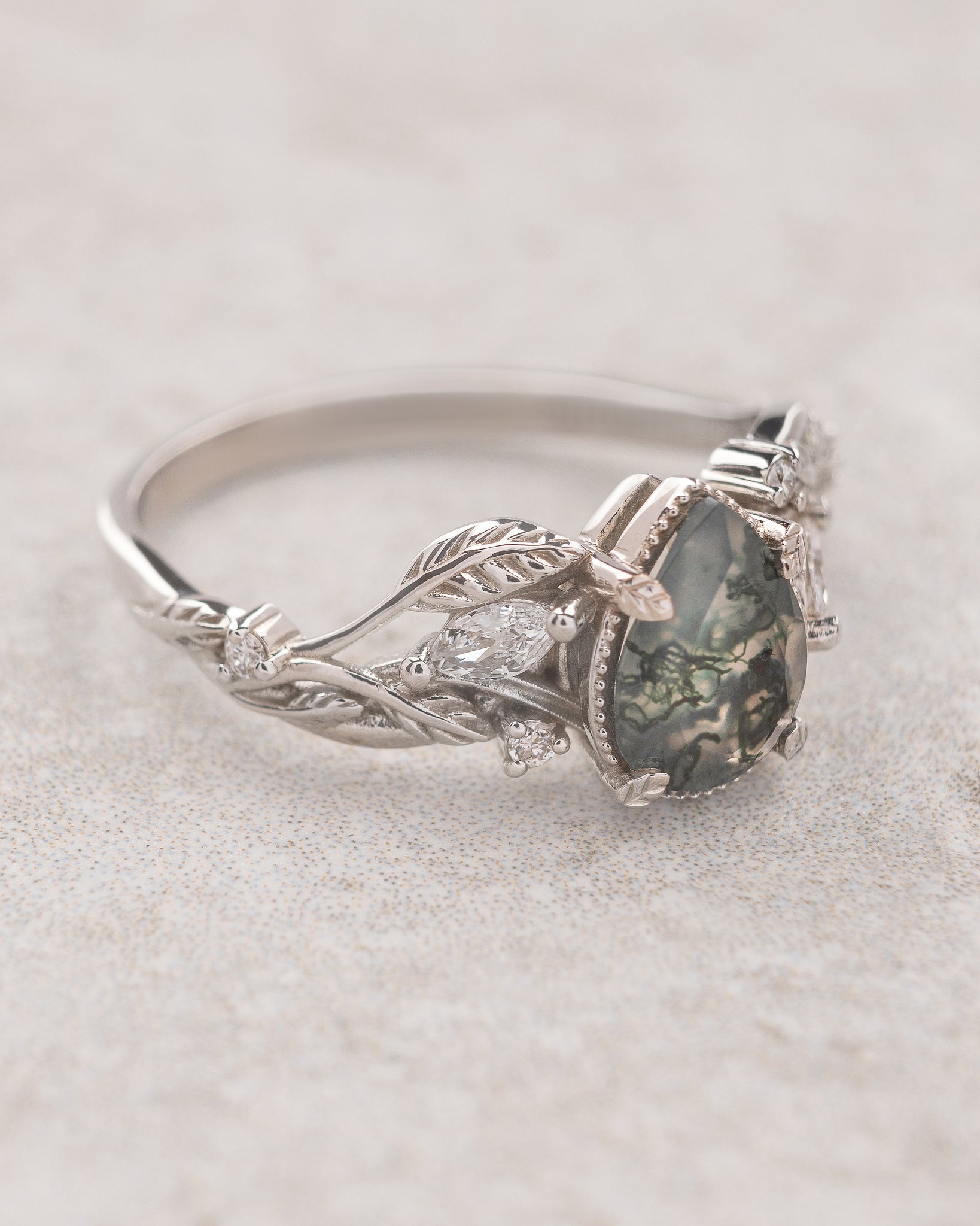 Elvish engagement ring with moss agate and diamonds, gold leaf branch proposal ring / Patricia