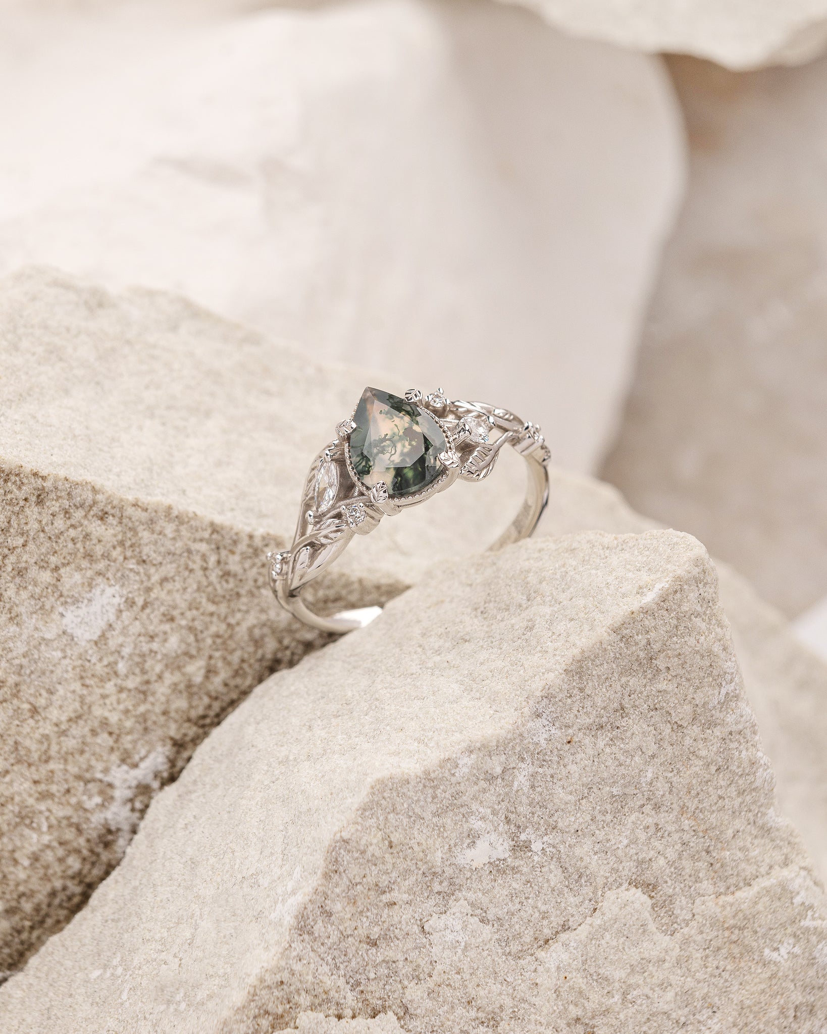 Elvish engagement ring with moss agate and diamonds, gold leaf branch proposal ring / Patricia