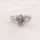 One of a kind moss agate engagement ring set, white gold twig stacking rings with diamonds / Patricia