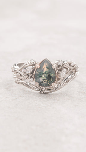 One of a kind moss agate engagement ring set, white gold twig stacking rings with diamonds / Patricia - Eden Garden Jewelry™