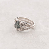 One of a kind moss agate engagement ring set, white gold twig stacking rings with diamonds / Patricia