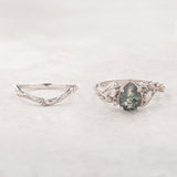 One of a kind moss agate engagement ring set, white gold twig stacking rings with diamonds / Patricia