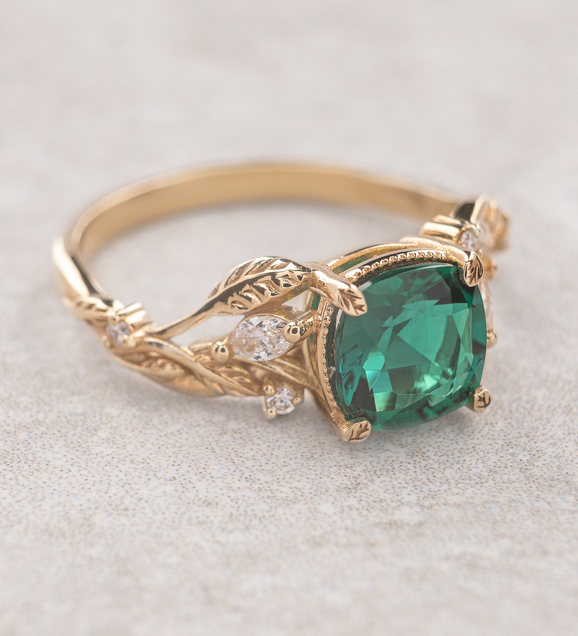 Cushion lab emerald and diamonds bridal ring set, stacking rings for a faerie bride / Patricia - Eden Garden Jewelry™