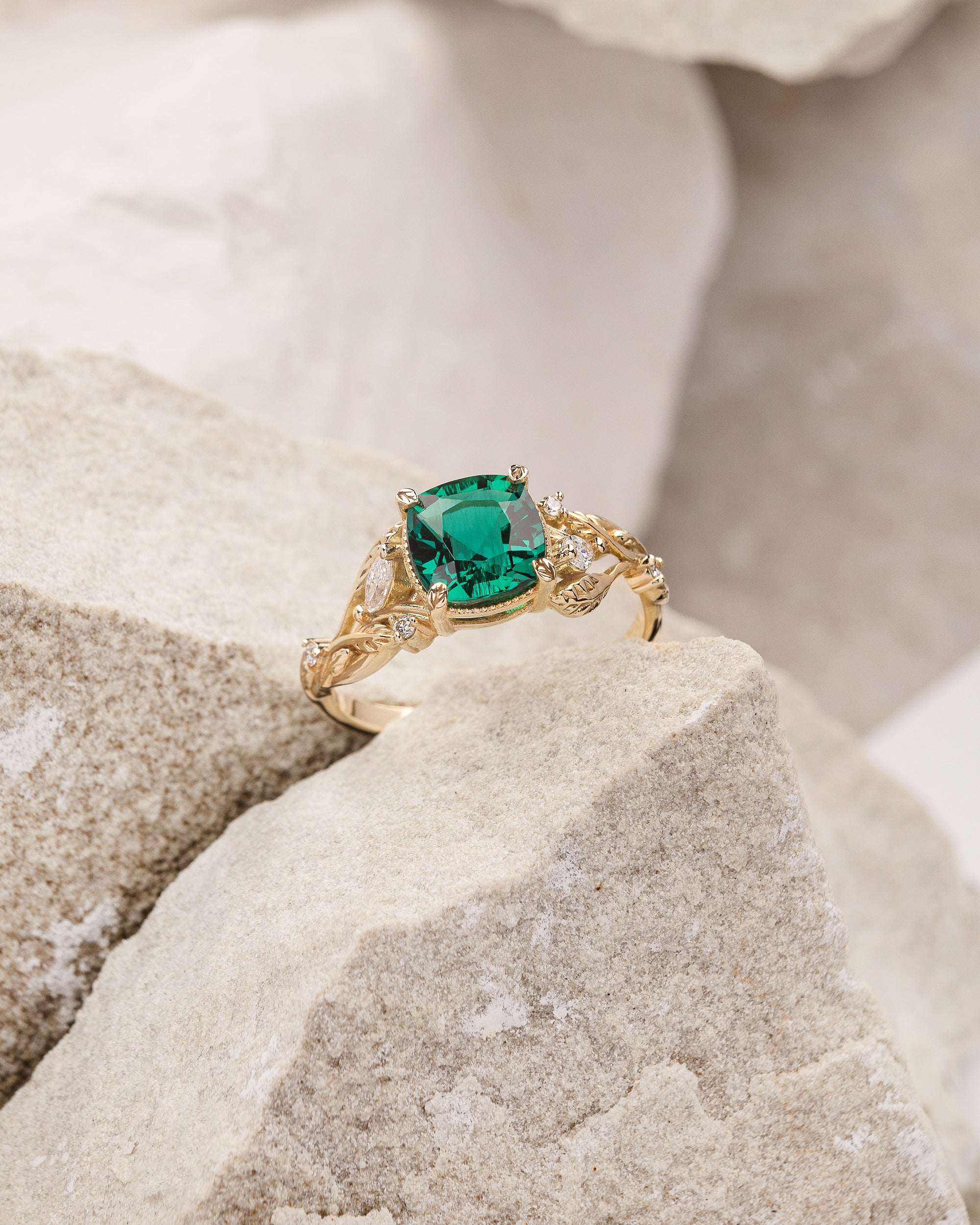 Lab Emerald Engagement Ring Gold Twig Leaf Ring Nature Ring