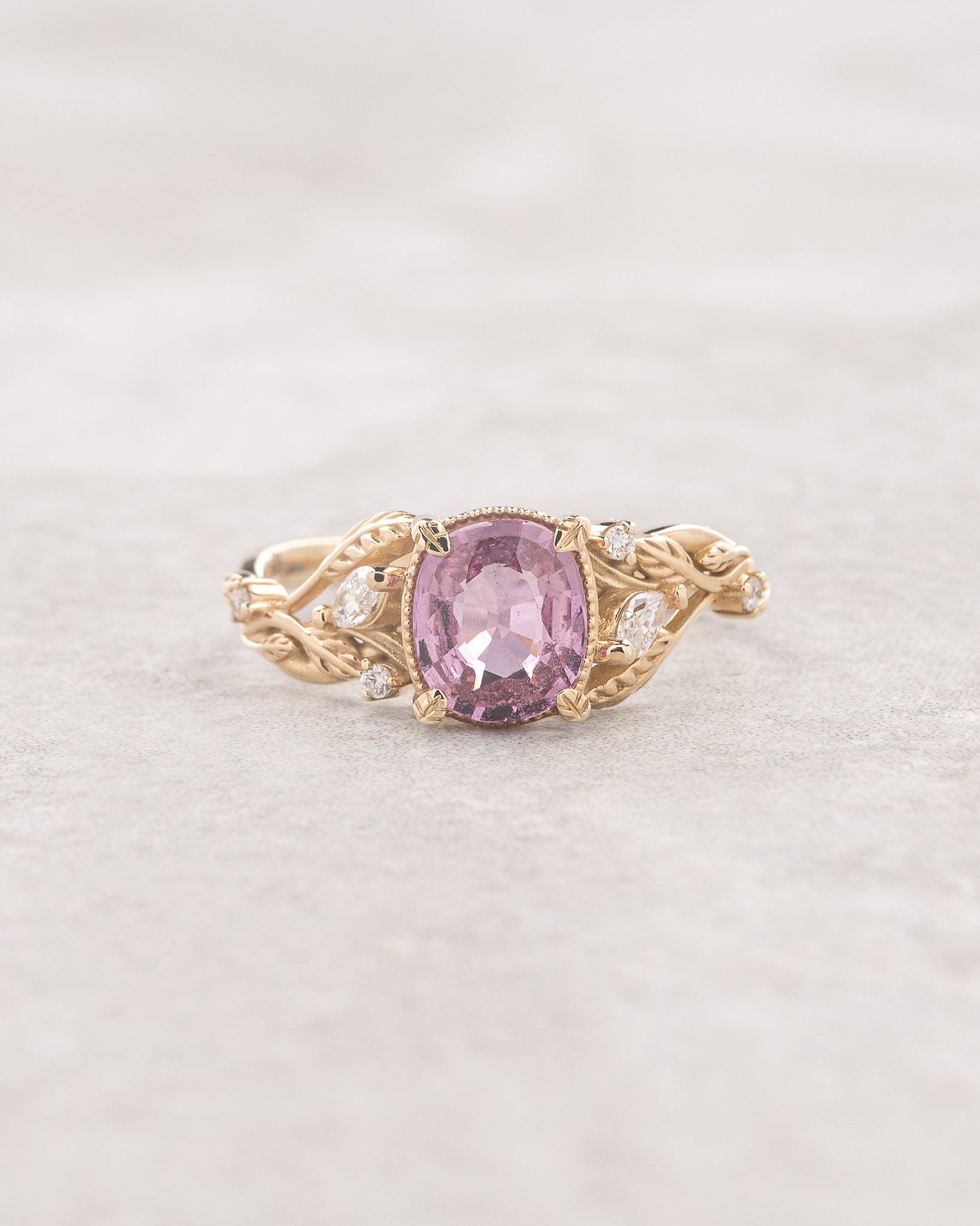 Genuine pink sapphire branch engagement ring, gold leaves and diamonds proposal ring / Patricia