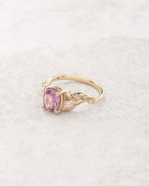 Genuine pink sapphire branch engagement ring, gold leaves and diamonds proposal ring / Patricia