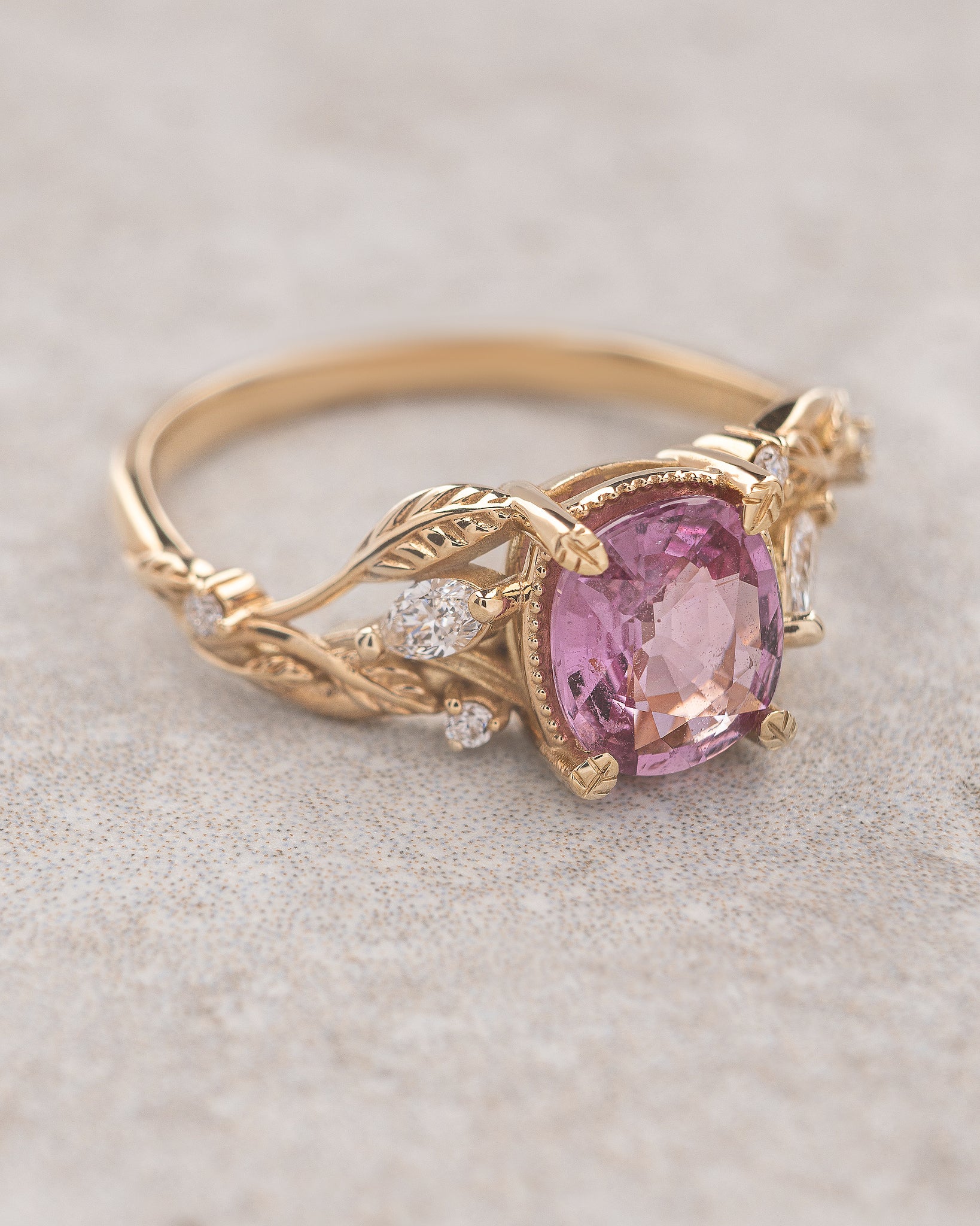 Genuine pink sapphire branch engagement ring, gold leaves and diamonds proposal ring / Patricia