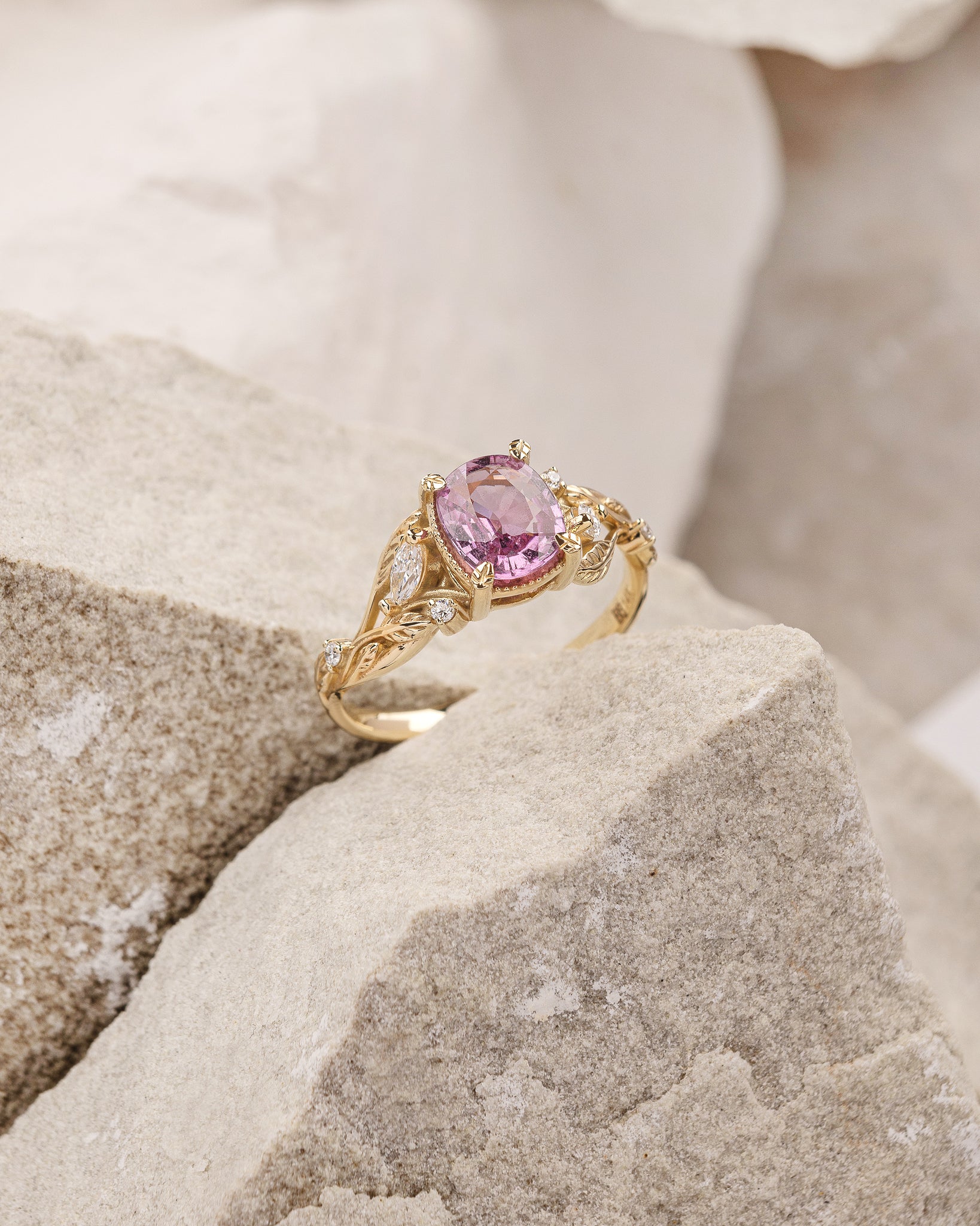 Genuine pink sapphire branch engagement ring, gold leaves and diamonds proposal ring / Patricia