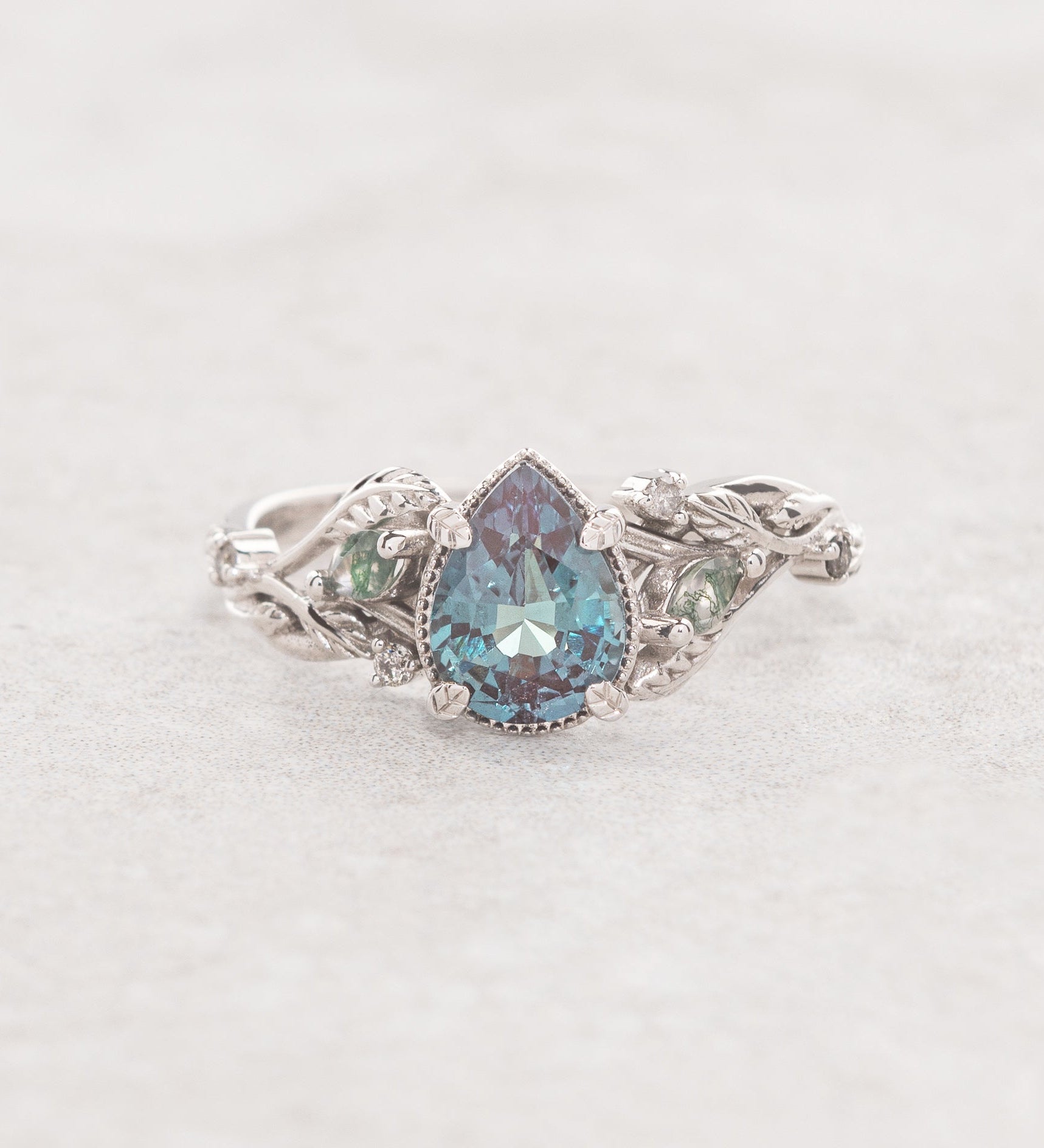 Alexandrite and moss agates bridal ring set, stacking twig engagement ring / Patricia - Eden Garden Jewelry™