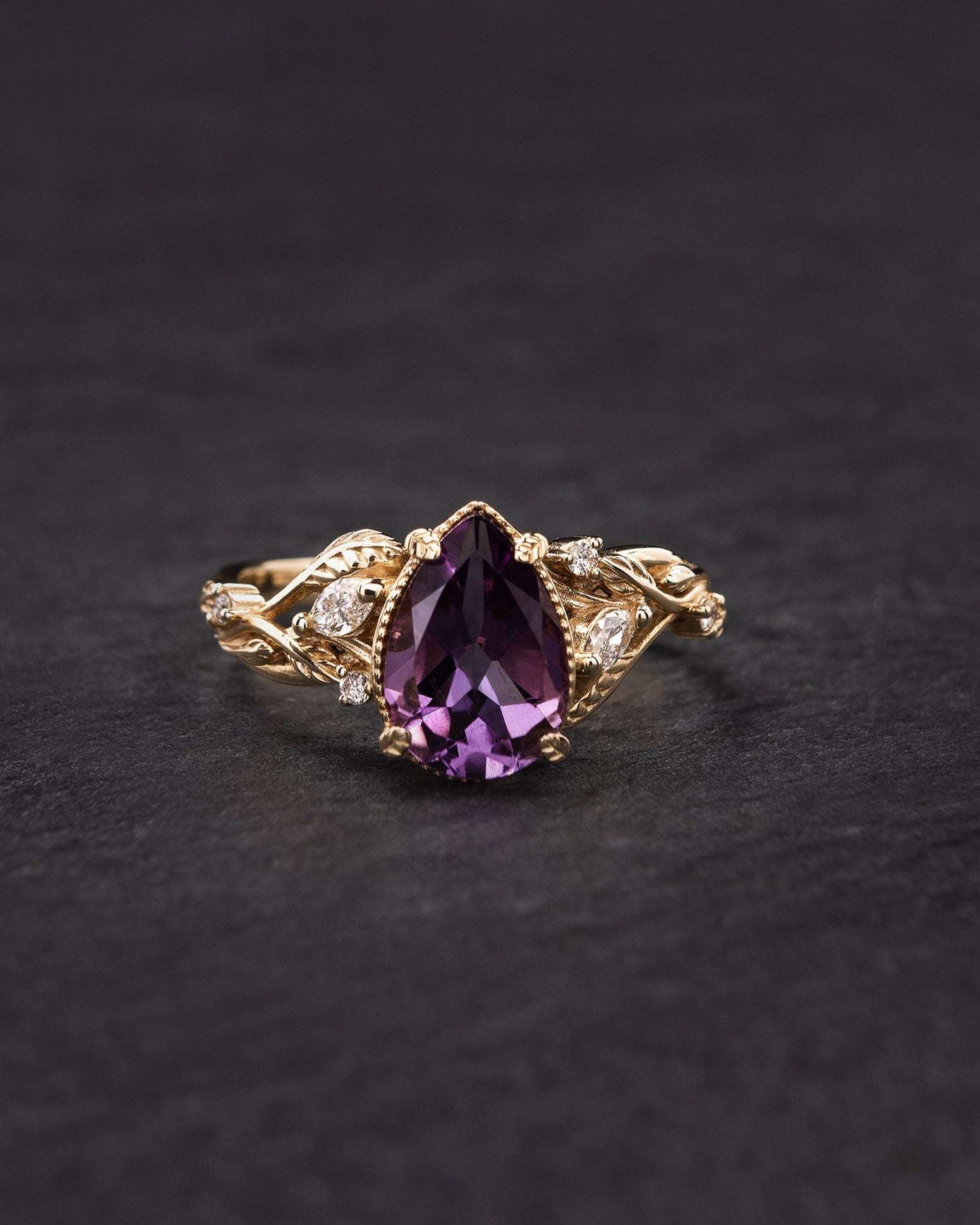 Dark amethyst nature engagement ring, twig gold ring with diamonds / Patricia - Eden Garden Jewelry™