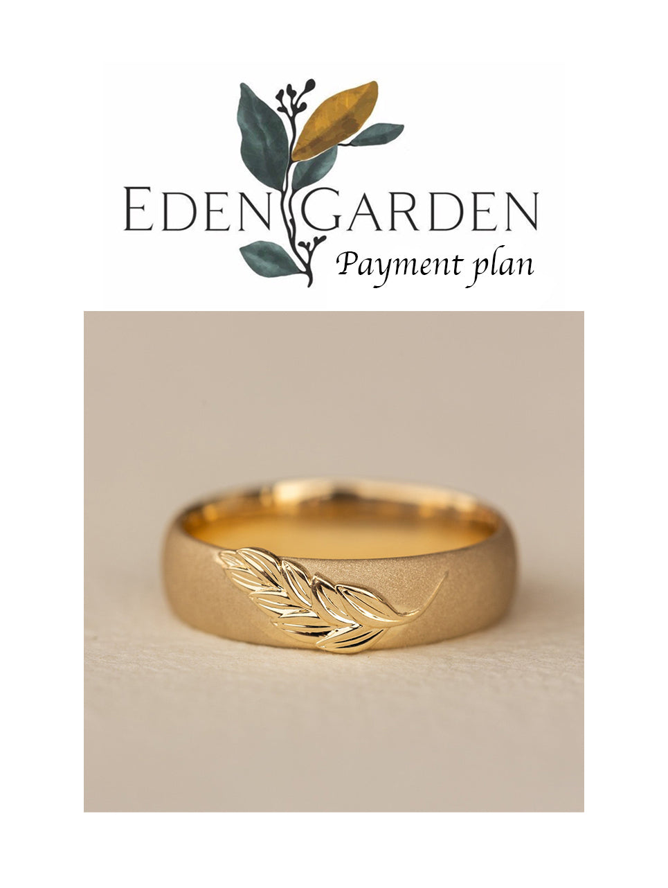 3 instalments payment plan: Palm leaf wedding band, sandblast finish, 6 mm wide - Eden Garden Jewelry™