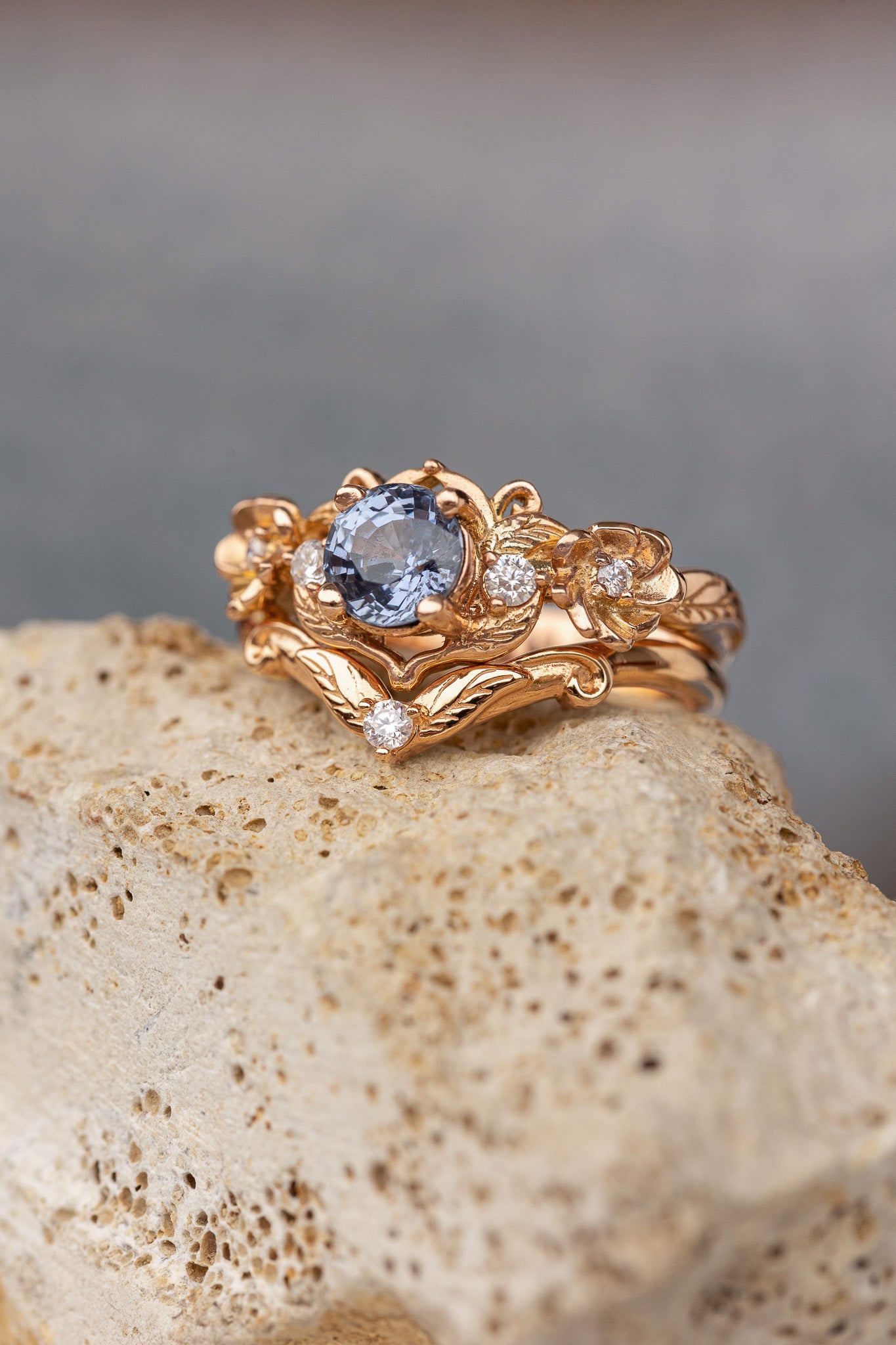 Natural sapphire and diamonds engagement ring, gold flower proposal ring / Adelina - Eden Garden Jewelry™