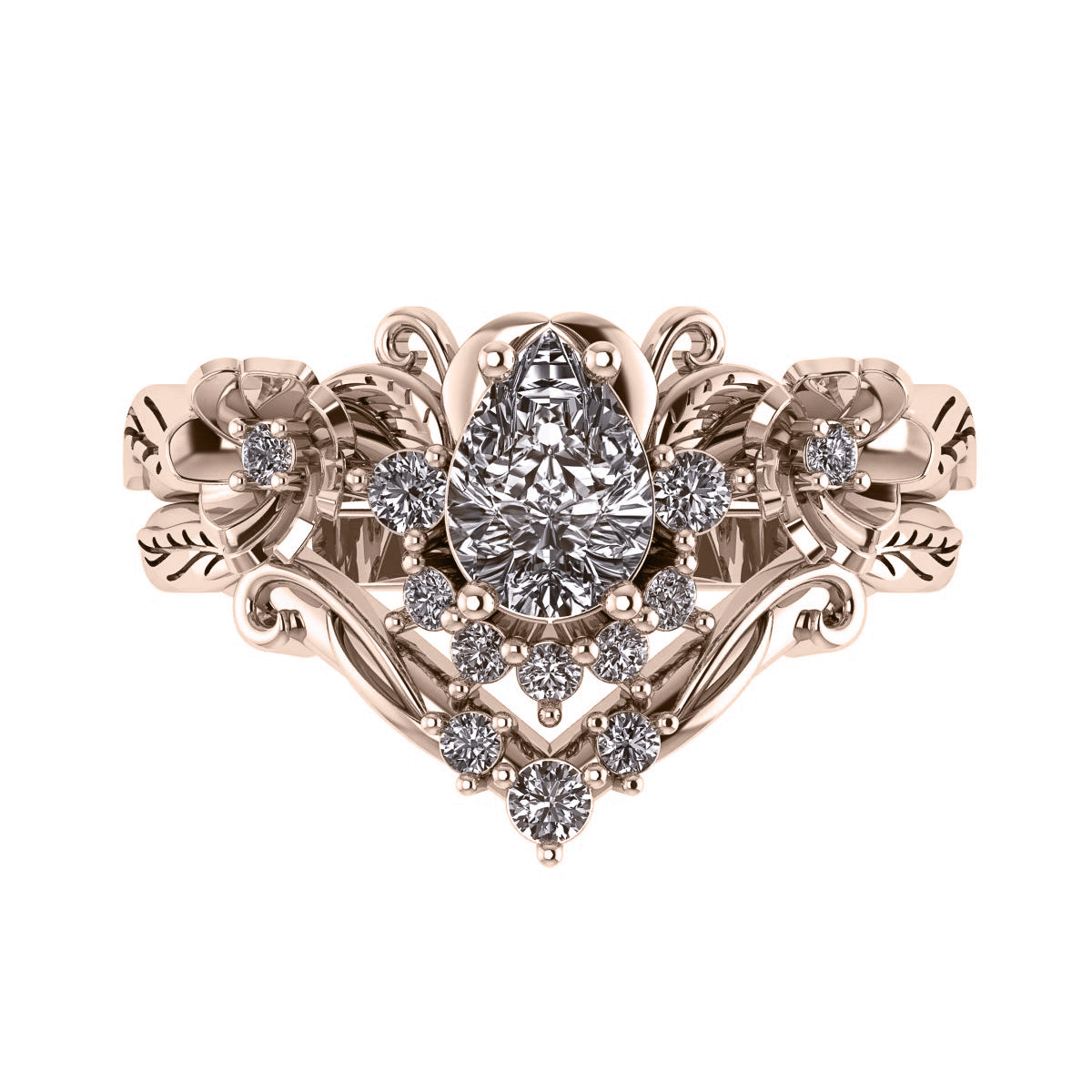 Adelina | custom bridal ring set, version half-halo, pear-cut 7x5 mm - Eden Garden Jewelry™