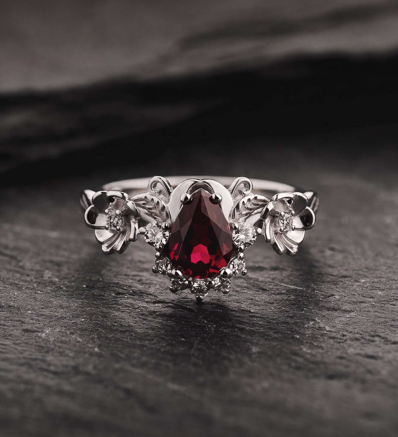 Ruby and crown diamonds engagement ring, gold flower proposal ring / Adelina - Eden Garden Jewelry™
