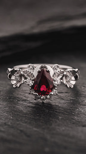 Ruby and crown diamonds engagement ring, gold flower proposal ring / Adelina - Eden Garden Jewelry™