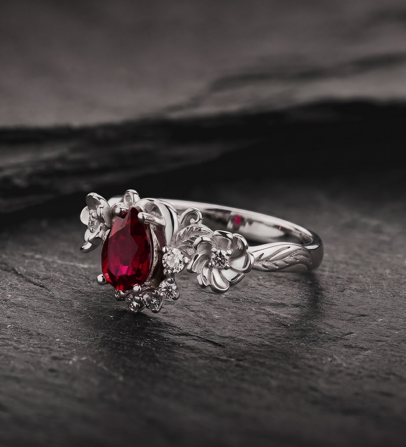 Ruby and crown diamonds engagement ring, gold flower proposal ring / Adelina - Eden Garden Jewelry™