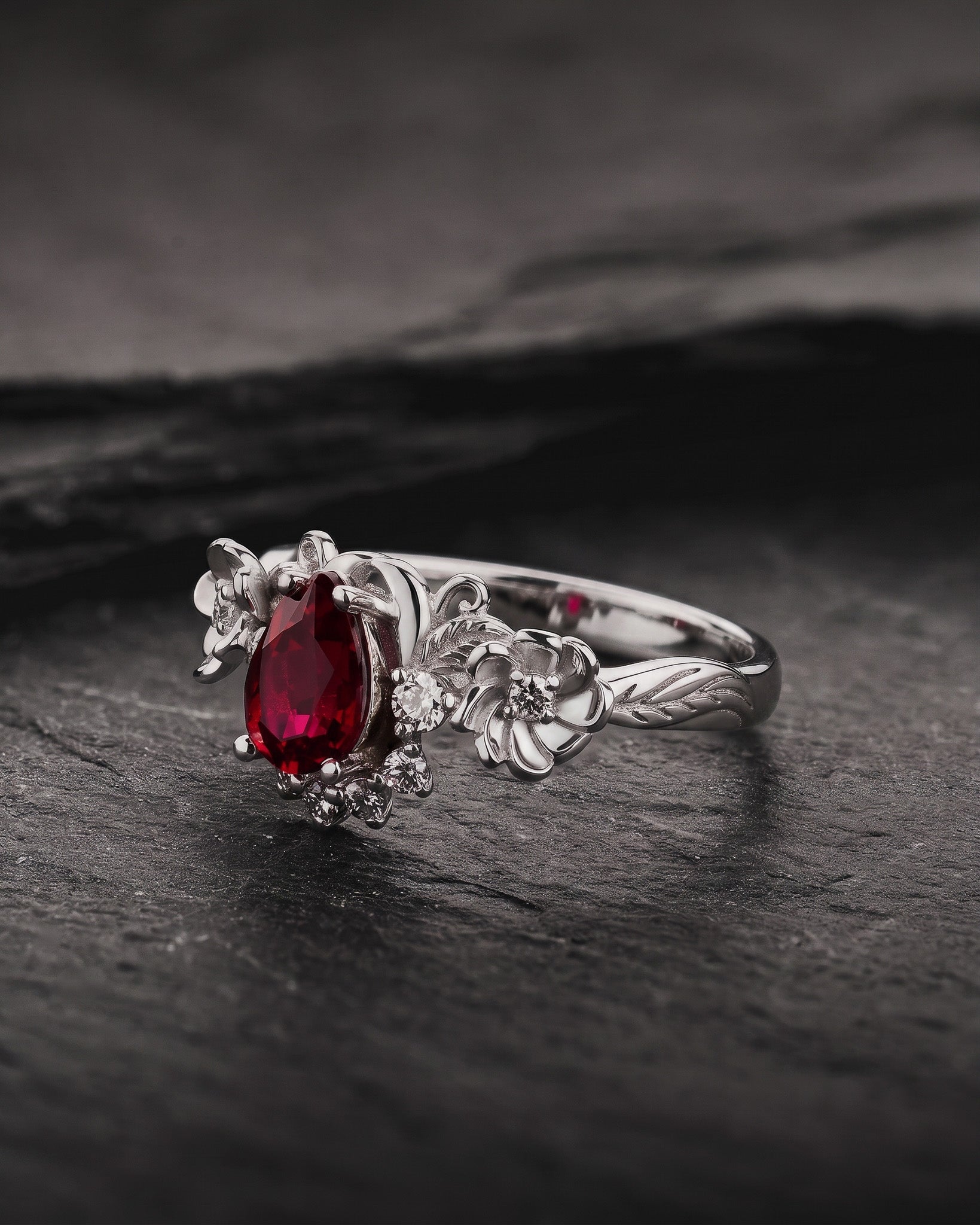 Ruby and crown diamonds engagement ring, gold flower proposal ring / Adelina - Eden Garden Jewelry™