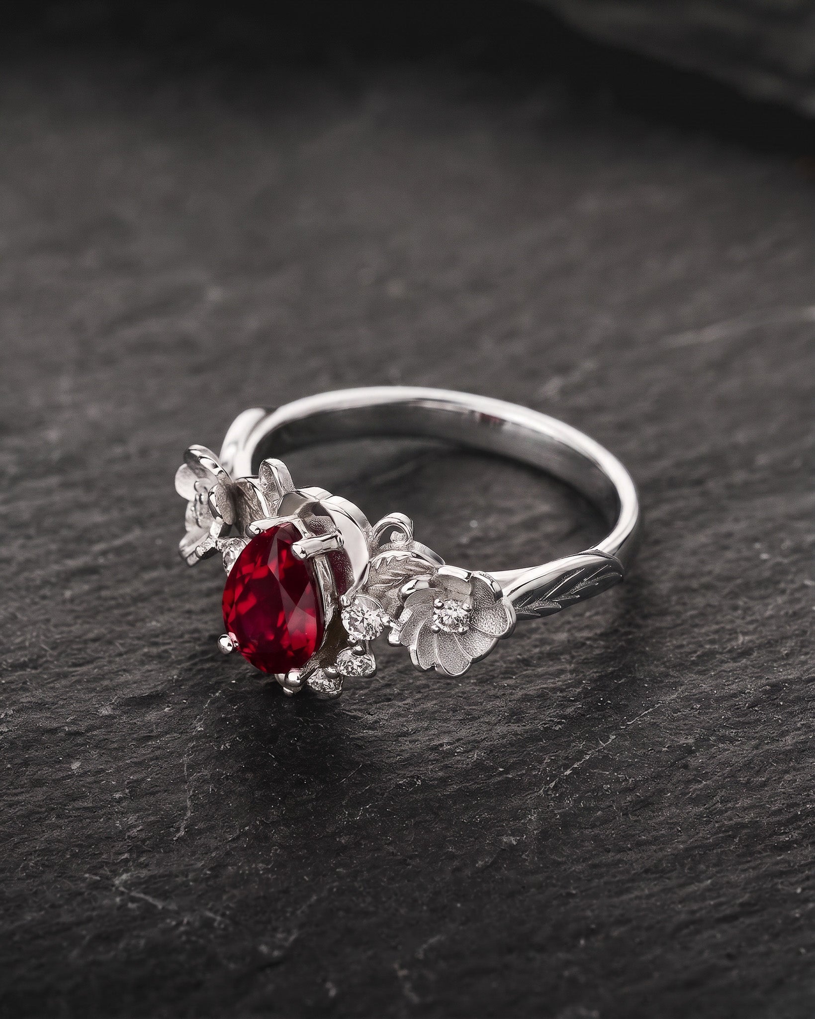 Ruby and crown diamonds engagement ring, gold flower proposal ring / Adelina - Eden Garden Jewelry™