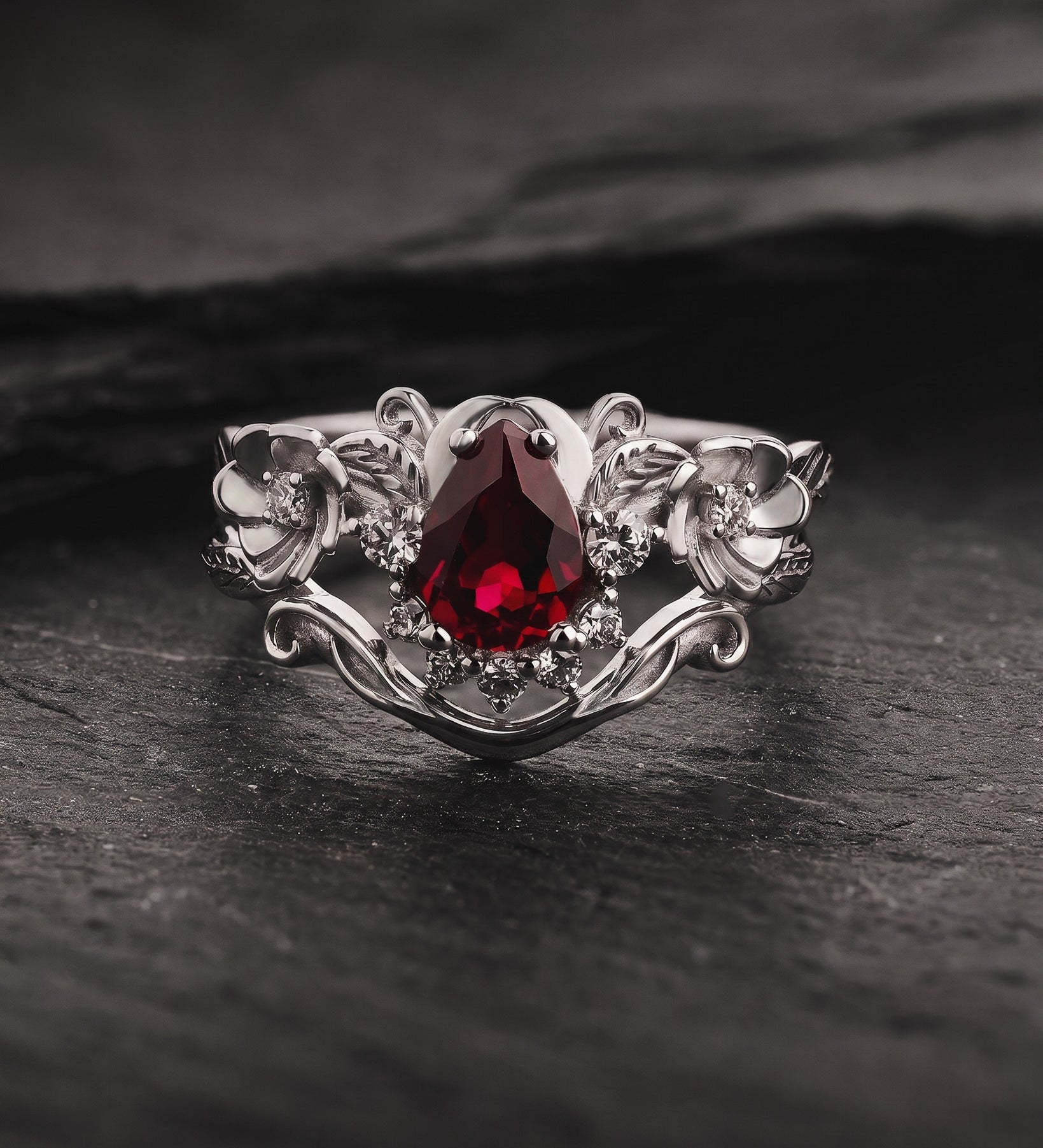 Lab ruby bridal ring set with diamond crown, unique flower engagement ring set / Adelina - Eden Garden Jewelry™