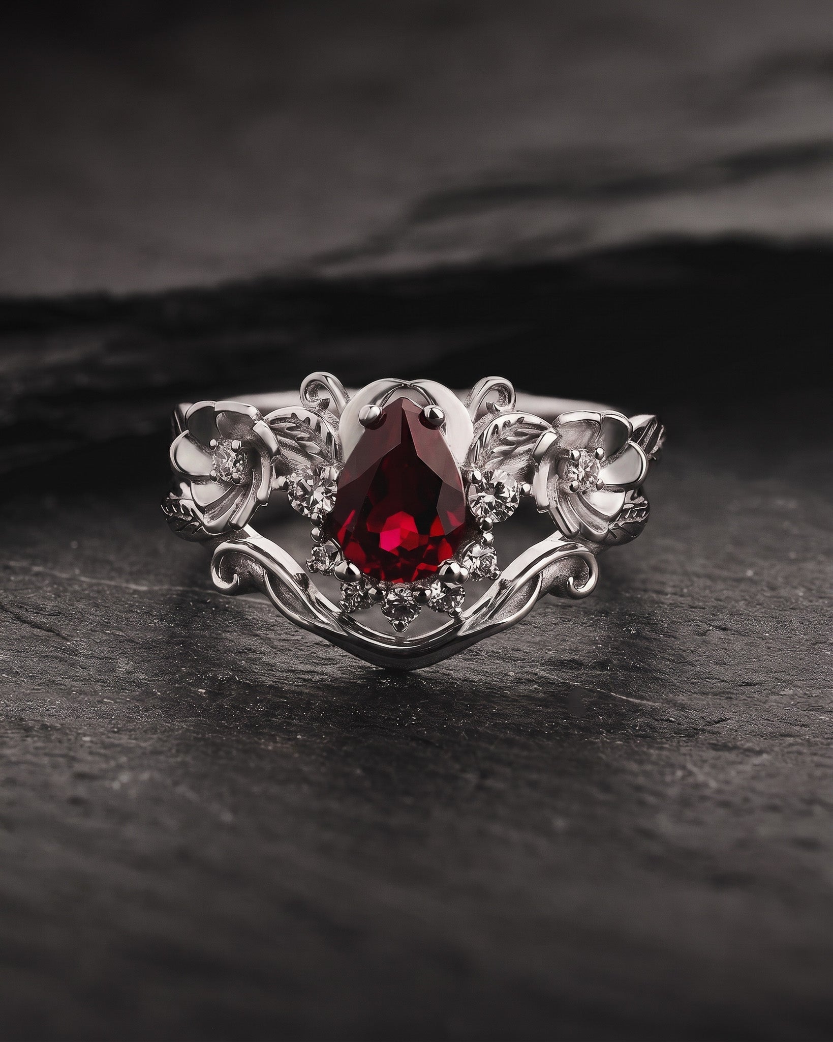 Lab ruby bridal ring set with diamond crown, unique flower engagement ring set / Adelina - Eden Garden Jewelry™