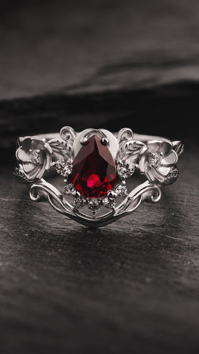 Lab ruby bridal ring set with diamond crown, unique flower engagement ring set / Adelina - Eden Garden Jewelry™