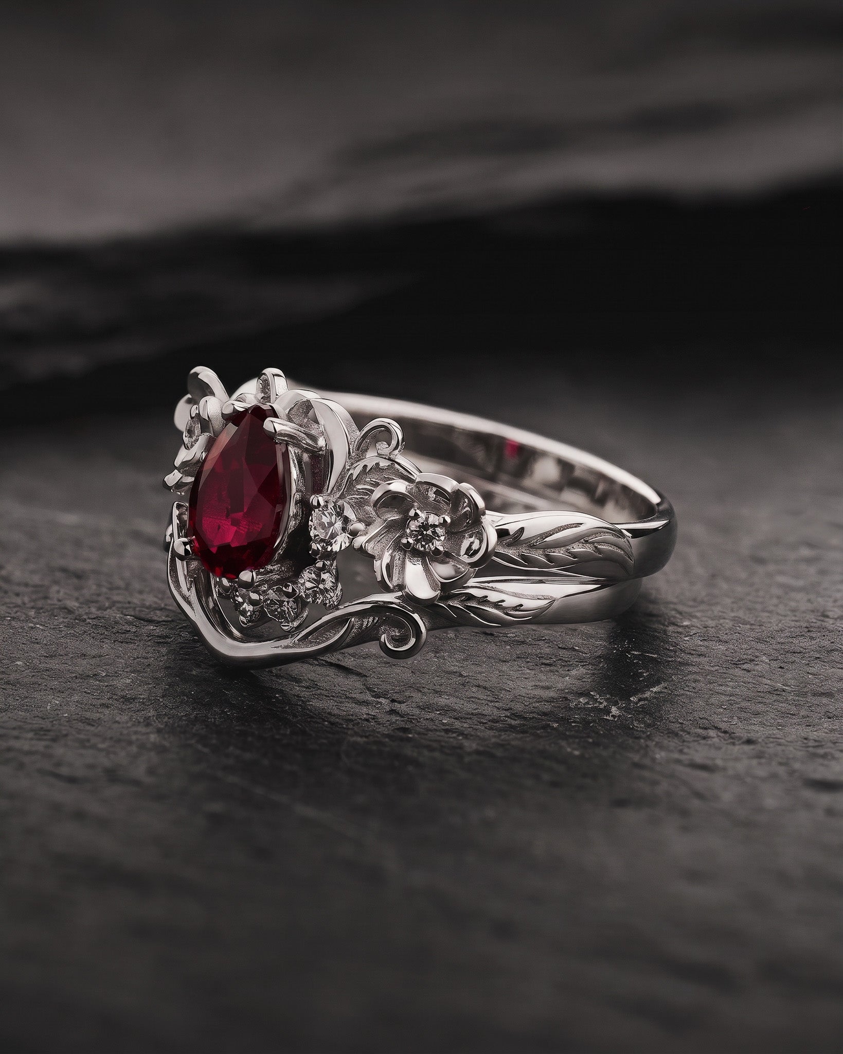 Lab ruby bridal ring set with diamond crown, unique flower engagement ring set / Adelina - Eden Garden Jewelry™