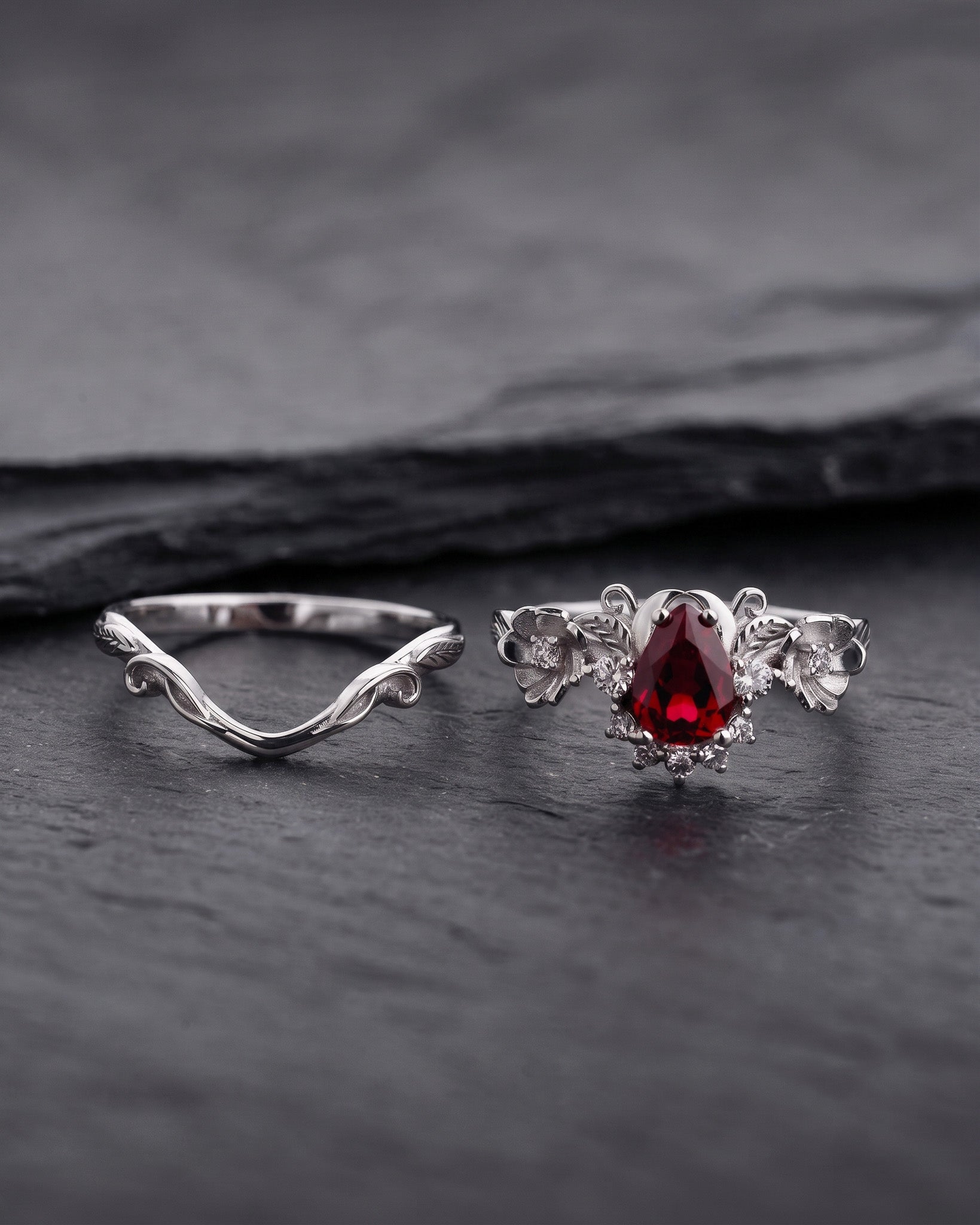 Lab ruby bridal ring set with diamond crown, unique flower engagement ring set / Adelina - Eden Garden Jewelry™