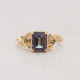 READY TO SHIP: Patricia ring in 14K yellow gold, lab alexandrite emerald cut 8x6 mm, accent moss agates and salt&pepper diamonds, AVAILABLE RING SIZES: 5.25 - 8.25 US - Eden Garden Jewelry™