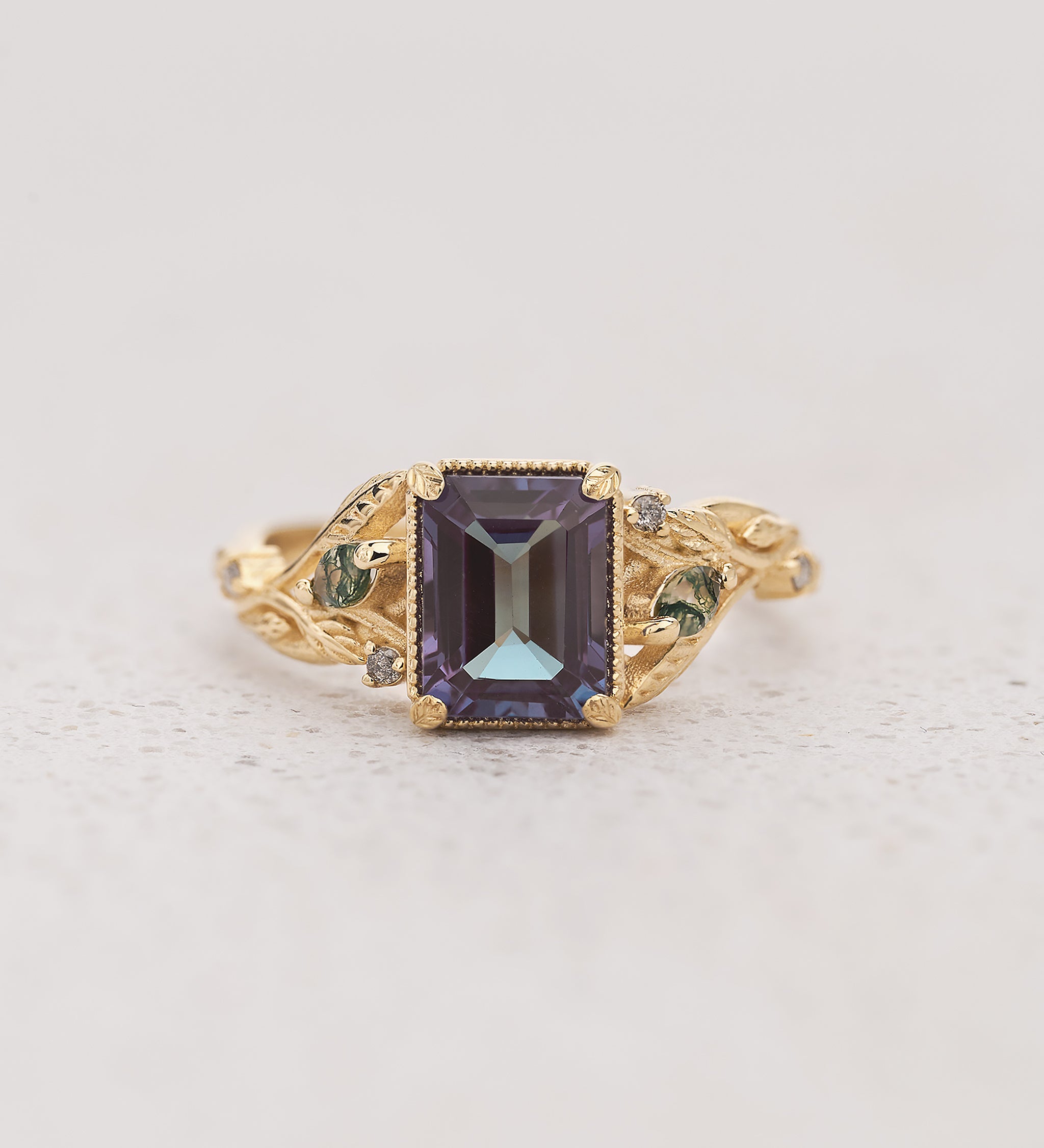 READY TO SHIP: Patricia ring in 14K yellow gold, lab alexandrite emerald cut 8x6 mm, accent moss agates and salt&pepper diamonds, AVAILABLE RING SIZES: 5.25 - 8.25 US - Eden Garden Jewelry™