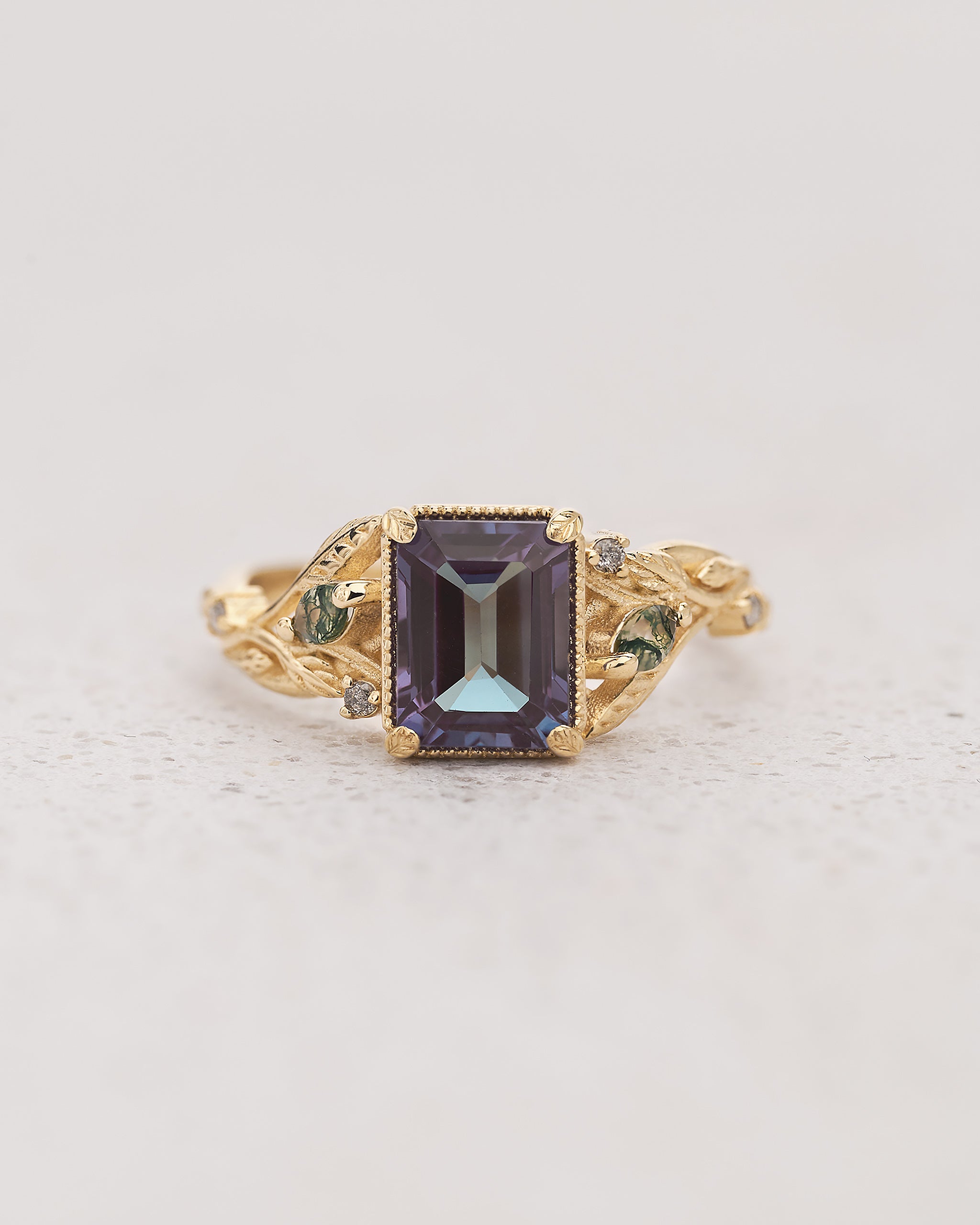 READY TO SHIP: Patricia ring in 14K yellow gold, lab alexandrite emerald cut 8x6 mm, accent moss agates and salt&pepper diamonds, AVAILABLE RING SIZES: 5.25 - 8.25 US - Eden Garden Jewelry™