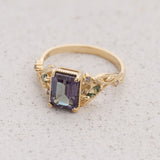 READY TO SHIP: Patricia ring in 14K yellow gold, lab alexandrite emerald cut 8x6 mm, accent moss agates and salt&pepper diamonds, AVAILABLE RING SIZES: 5.25 - 8.25 US - Eden Garden Jewelry™