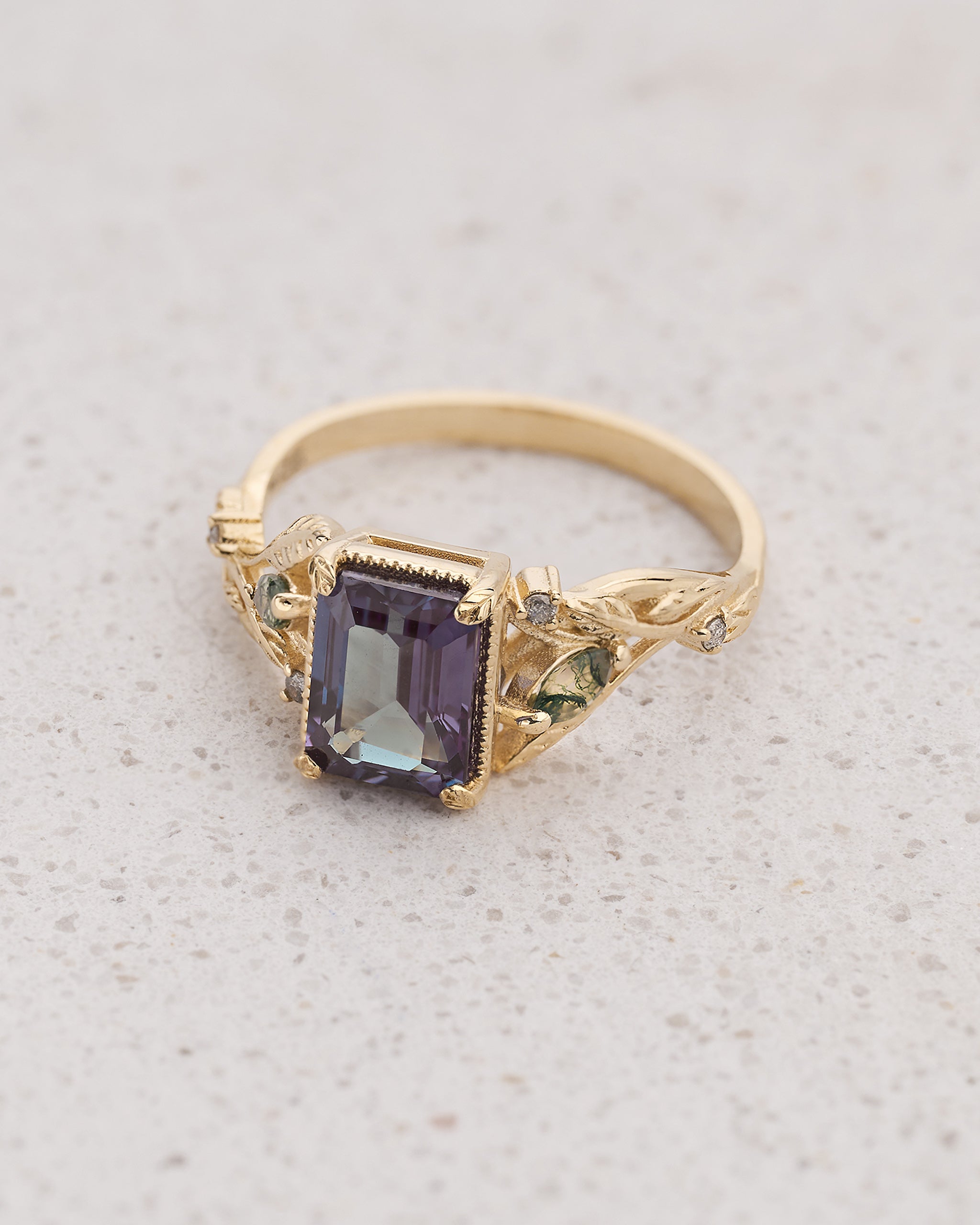 READY TO SHIP: Patricia ring in 14K yellow gold, lab alexandrite emerald cut 8x6 mm, accent moss agates and salt&pepper diamonds, AVAILABLE RING SIZES: 5.25 - 8.25 US - Eden Garden Jewelry™