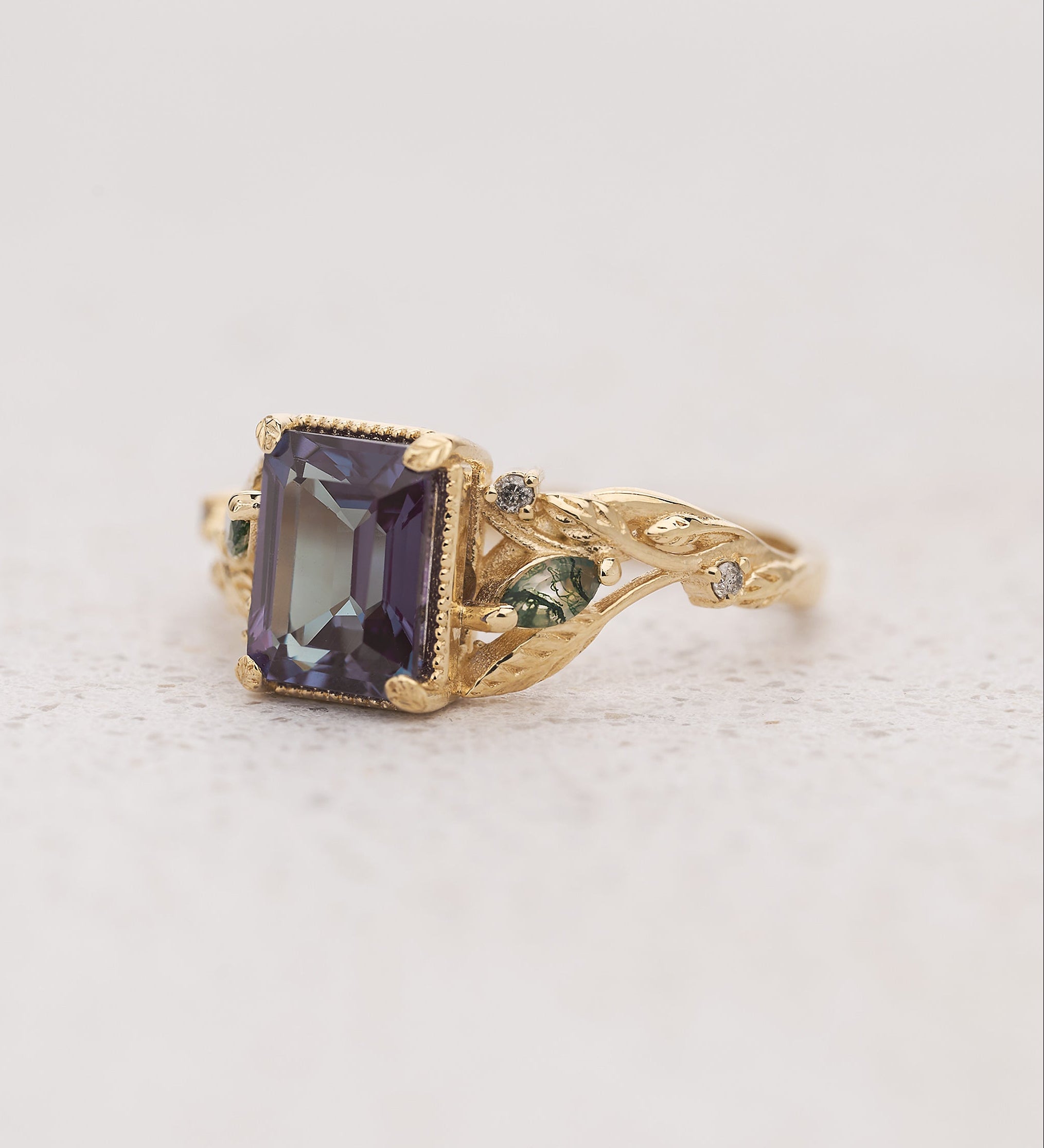READY TO SHIP: Patricia ring in 14K yellow gold, lab alexandrite emerald cut 8x6 mm, accent moss agates and salt&pepper diamonds, AVAILABLE RING SIZES: 5.25 - 8.25 US - Eden Garden Jewelry™