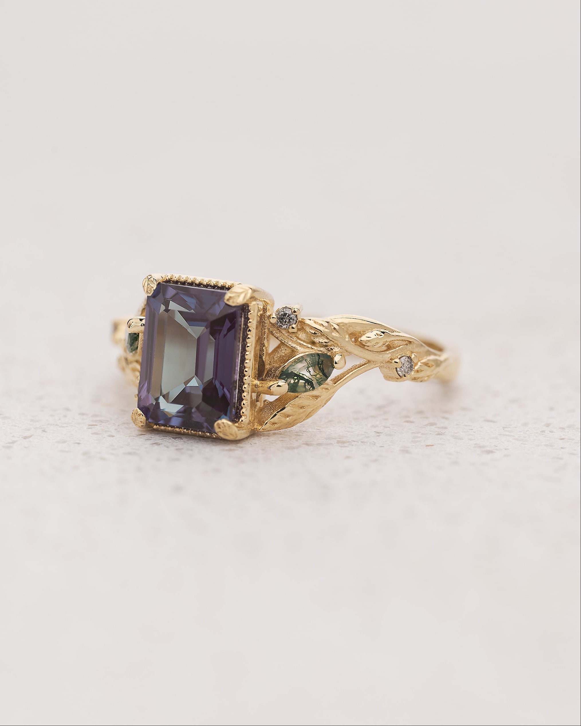 READY TO SHIP: Patricia ring in 14K yellow gold, lab alexandrite emerald cut 8x6 mm, accent moss agates and salt&pepper diamonds, AVAILABLE RING SIZES: 5.25 - 8.25 US - Eden Garden Jewelry™