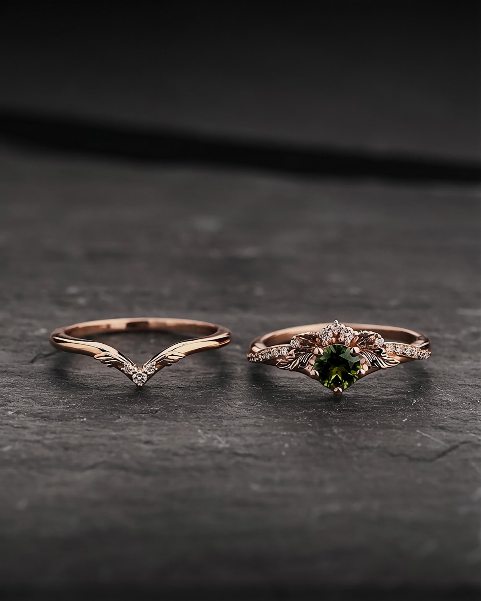 Engagement & wedding ring set with green tourmaline / Amelia - Eden Garden Jewelry™
