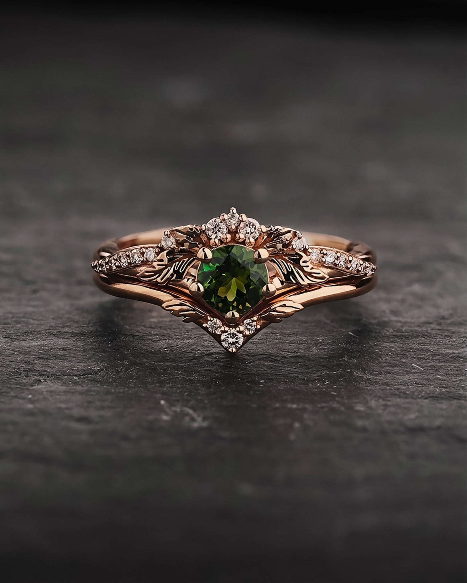 Engagement & wedding ring set with green tourmaline / Amelia - Eden Garden Jewelry™