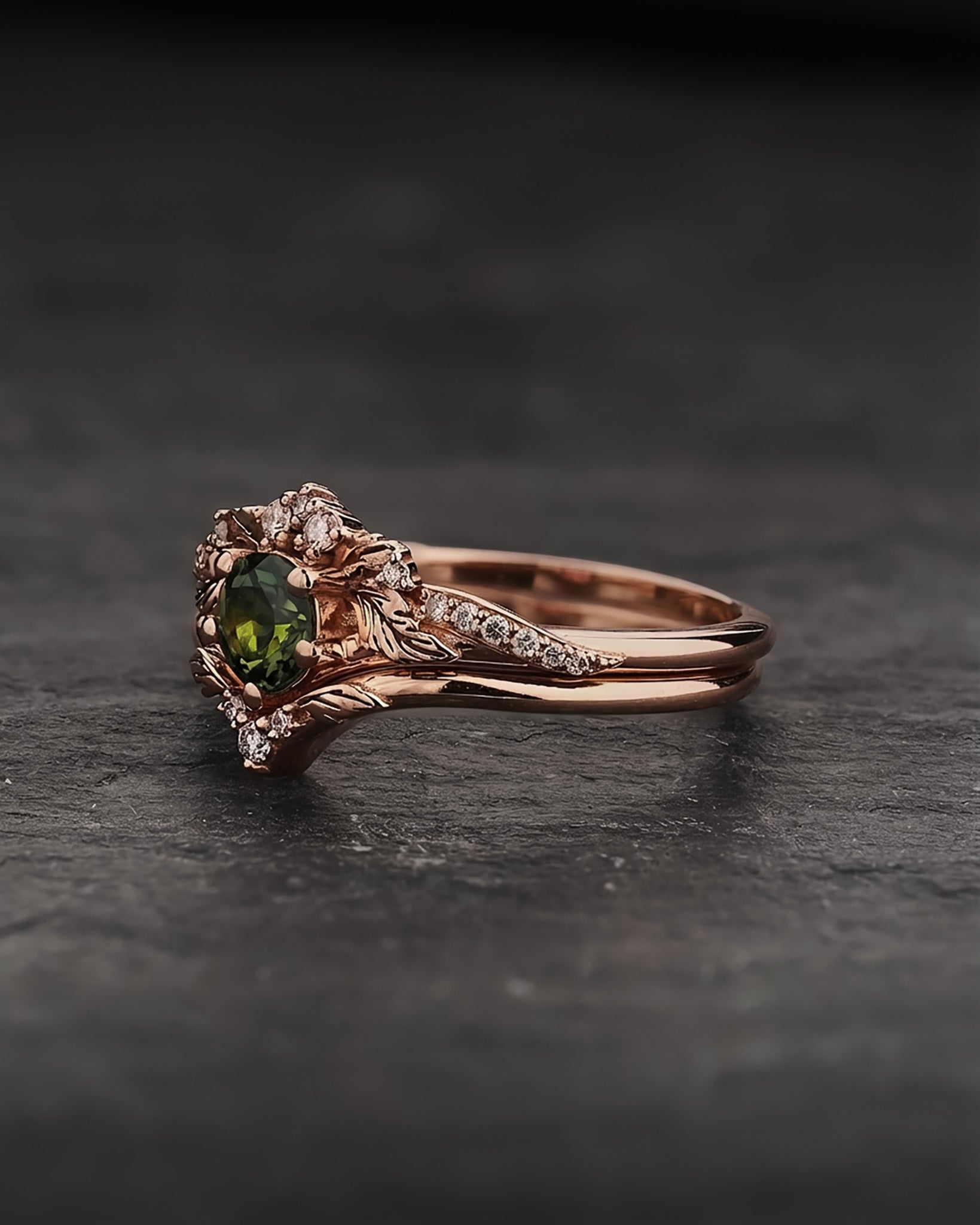 Engagement & wedding ring set with green tourmaline / Amelia - Eden Garden Jewelry™