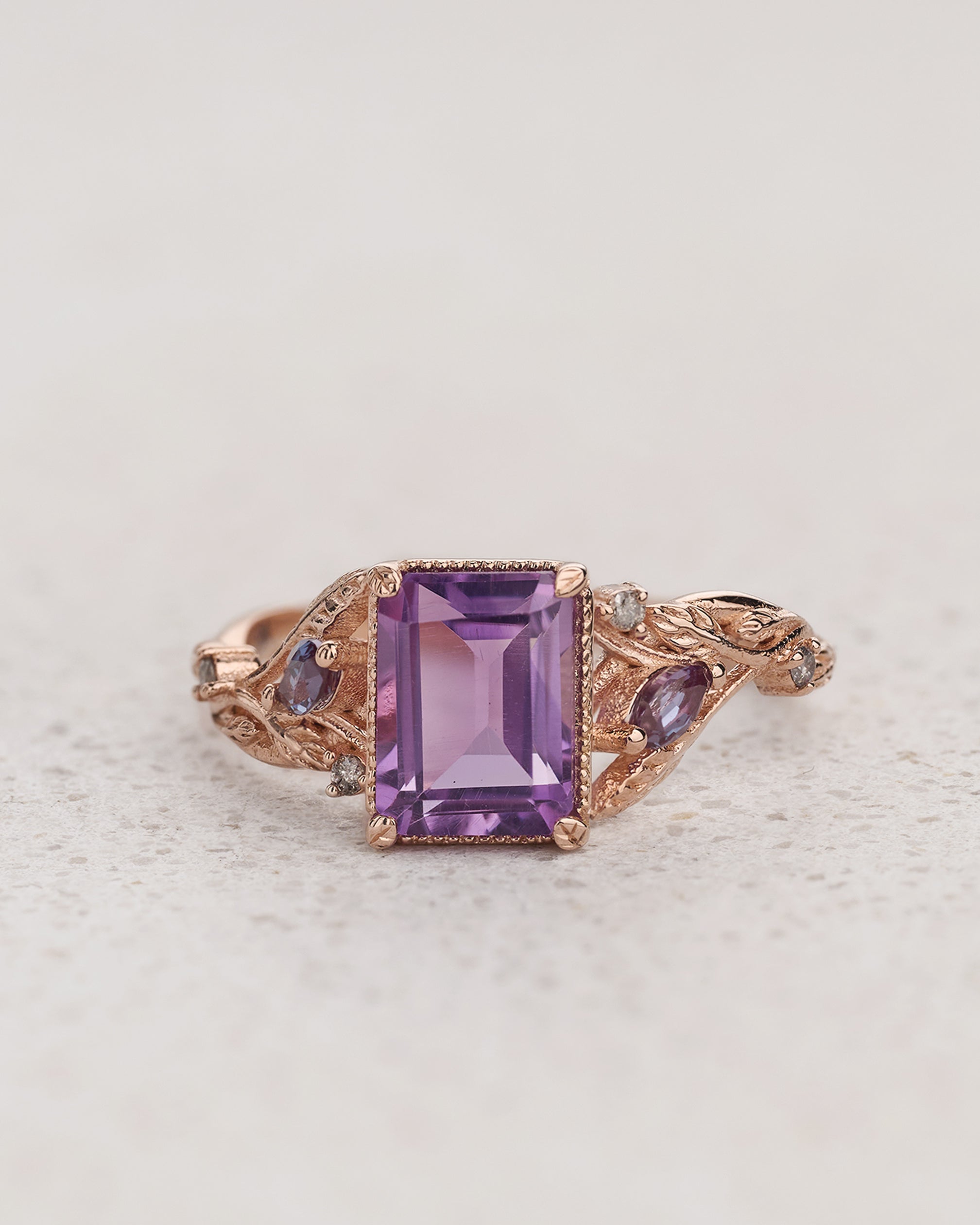 READY TO SHIP Patricia ring with natural amethyst, accent lab alexandrites and natural salt and pepper diamonds, 14K rose gold, AVAILABLE RING SIZES 5.5 - 8.5 US - Eden Garden Jewelry™