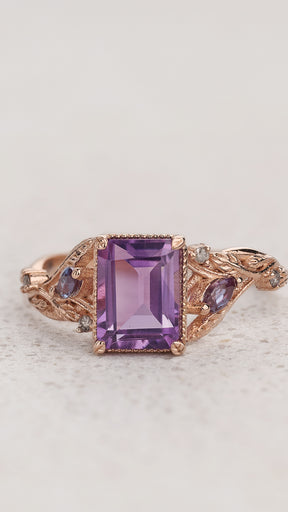 READY TO SHIP Patricia ring with natural amethyst, accent lab alexandrites and natural salt and pepper diamonds, 14K rose gold, AVAILABLE RING SIZES 5.5 - 8.5 US - Eden Garden Jewelry™