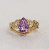 Amethyst leaf engagement ring set, big purple gemstone bridal ring set / Patricia