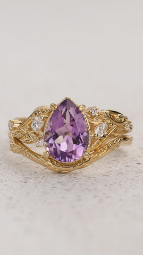 Amethyst leaf engagement ring set, big purple gemstone bridal ring set / Patricia - Eden Garden Jewelry™