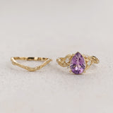 Amethyst leaf engagement ring set, big purple gemstone bridal ring set / Patricia