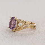Amethyst leaf engagement ring set, big purple gemstone bridal ring set / Patricia
