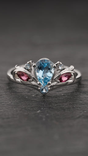 READY TO SHIP Swanlake ring with aquamarine and accent tourmalines and aquamarines, 14K white gold, AVAILABLE RING SIZES 5.5 - 8.5 US - Eden Garden Jewelry™