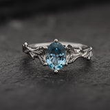 Aquamarine gold engagement ring, white gold leaves promise ring / Freesia