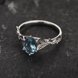 Aquamarine gold engagement ring, white gold leaves promise ring / Freesia