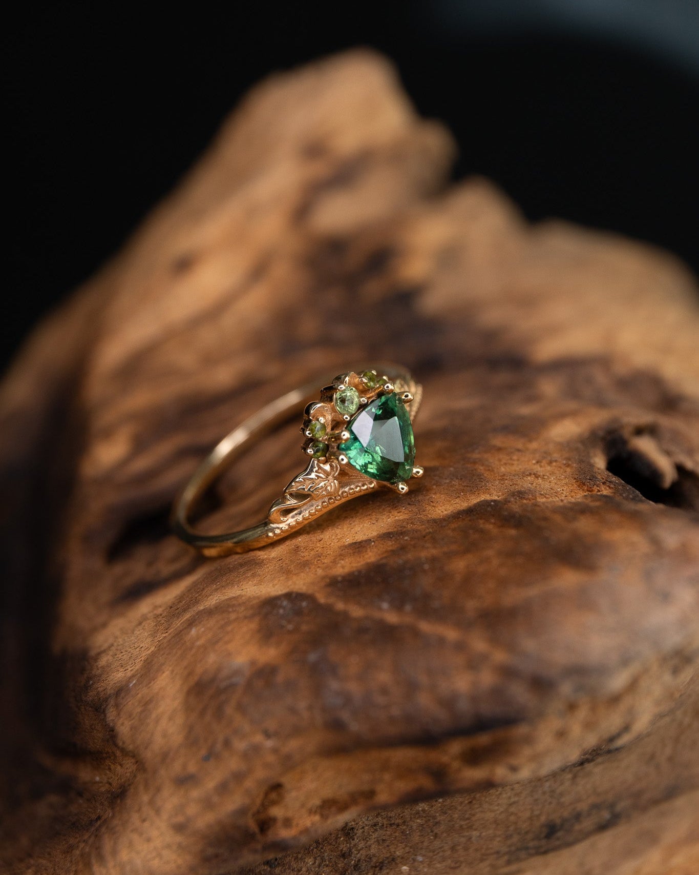 READY TO SHIP: Ariadne engagement ring in 14K yellow gold, natural green/teal sapphire, accent natural green sapphires, AVAILABLE RING SIZES: 7.5 - 10.5 US - Eden Garden Jewelry™